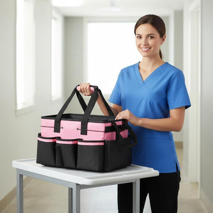 Janitorial Supply Bag Waterproof Housekeeping Tool Bag Heavy Duty Multi-Compartment Organizer Tote for Housekeepers, Cleaners, Car Wash, Gardening, Pink Black