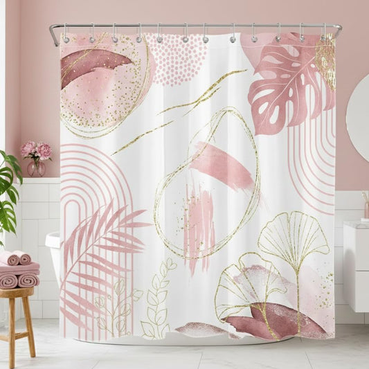 Light Pink and White Shower Curtain, Blush Pale Pink Gold Boho Mid Century Shower Curtains for Girls Bathroom Decor, Abstract Tropical Leaf Minimalist Waterproof Cloth Fabric with Hooks, 72x72inch