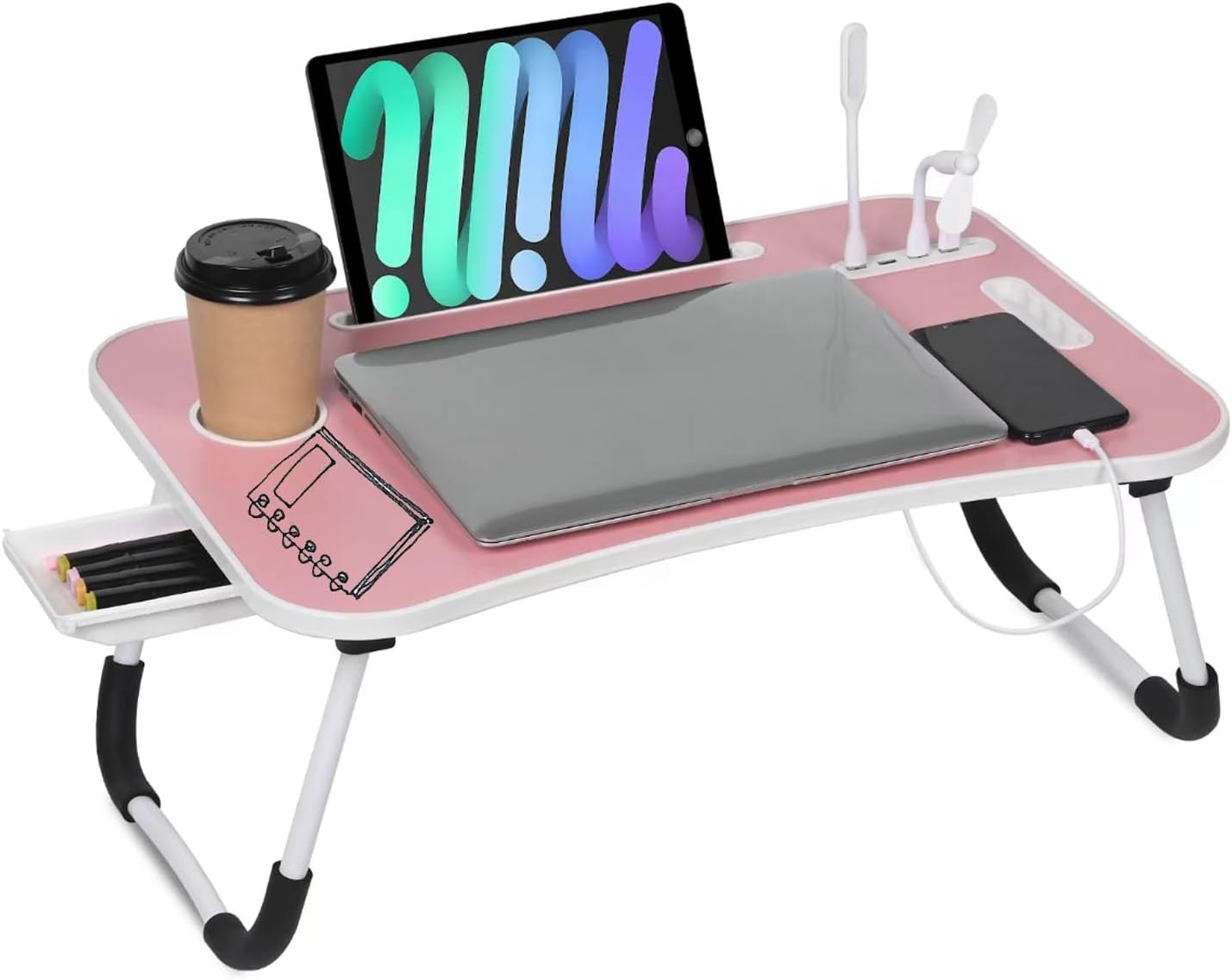 Foldable Laptop Table for Bed - Portable Adjustable Desk with Cup Holder,USB Charging Ports & Storage Drawer - Multi-Function Laptop Tray for Sofa,Floor & Outdoor Use (Pink)