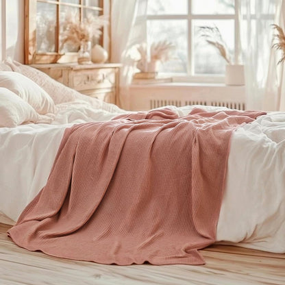 ISAENNE Pink Thin Waffle Weave 100% Cotton Throw Blanket,Solid Color Breathable Soft Cooling Blanket,Lightweight and Skin Friendly Blankets for Bed,Camp,All-Season Use,Christmas,80x60 Inches
