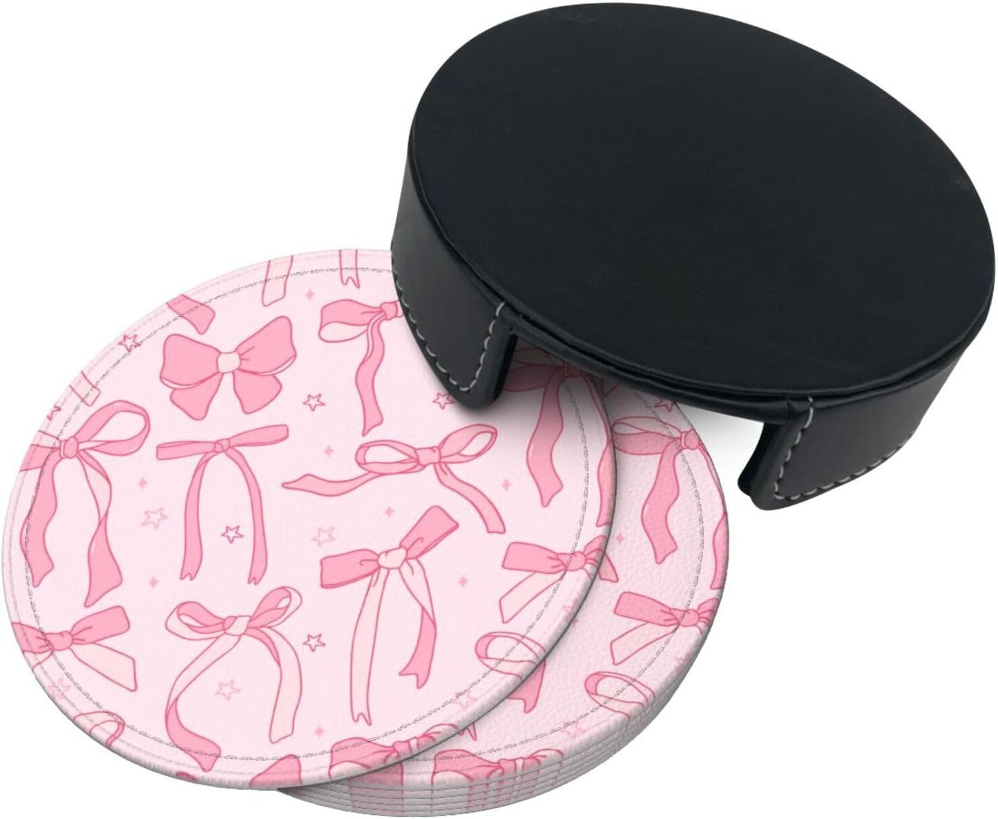 6 Pcs Pink Cute Ribbon Bow Drink Coasters with Holder Coasters for Drinks Coffee Table Home Decor Housewarming Gift