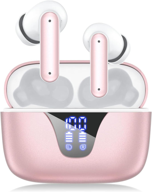 Wireless Earbuds Bluetooth Headphones, 50H Playtime Ear Buds with Mic, LED Digital Display Charging Case, IPX7 Waterproof, Deep Bass Stereo, in-Ear Earphone for iPhone Andriod Phone - Blush