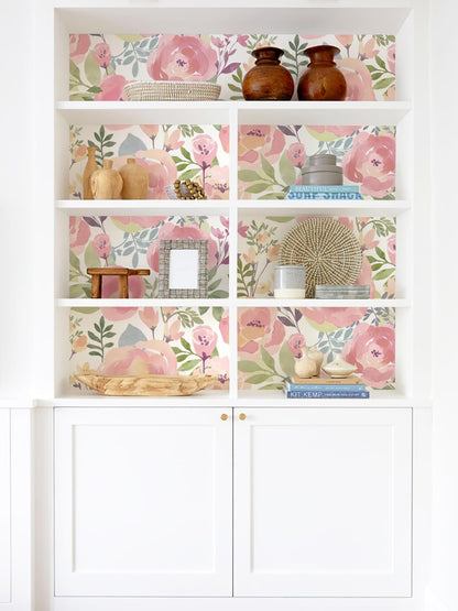 Orainege Floral Wallpaper Peel and Stick Wallpaper 16.9in x118.1in Peony Floral Contact Paper Removable Self Adhesive Wall Paper for Cabinets Walls Shelf Liner, Peachy