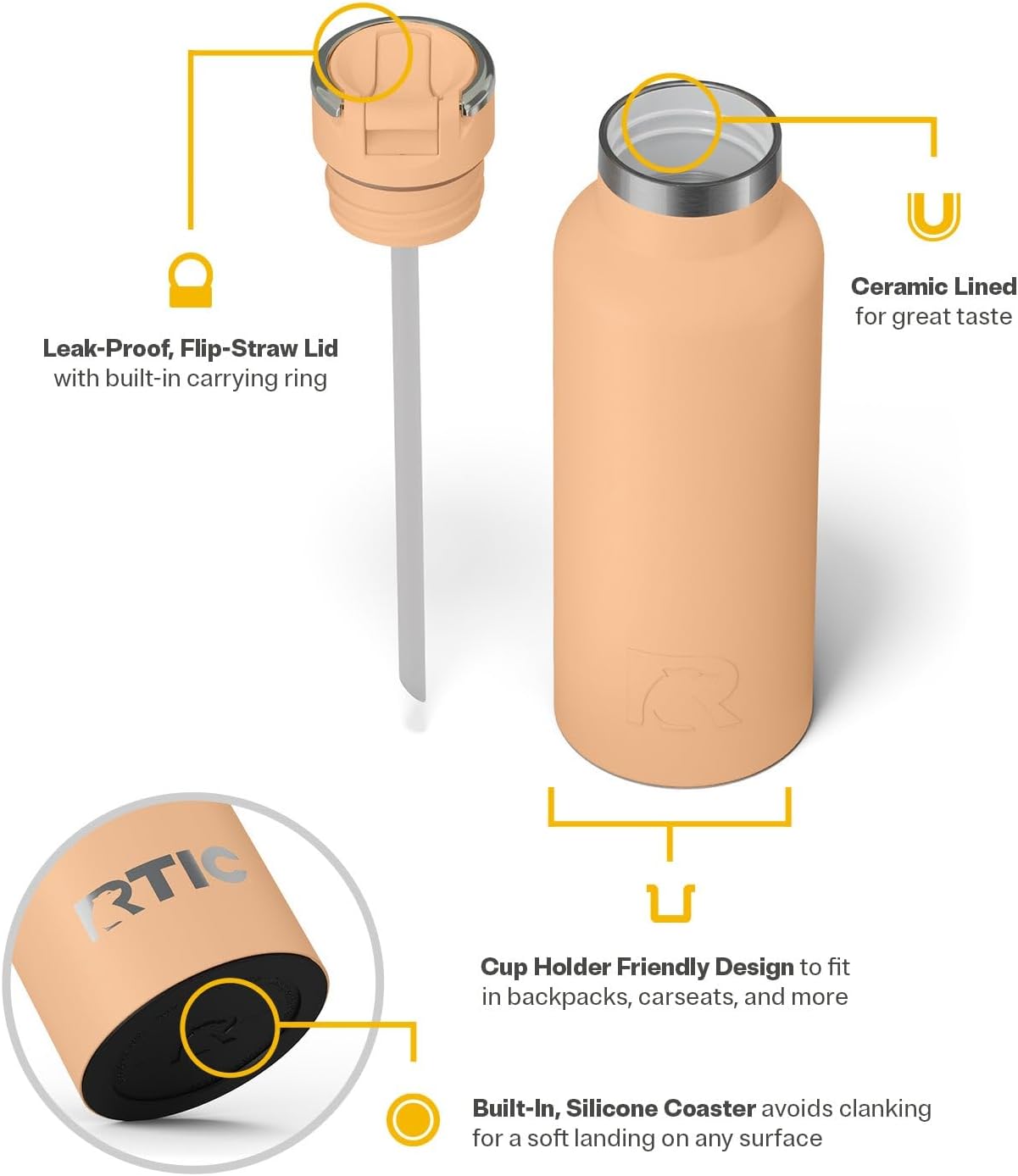 RTIC 16oz Journey Water Bottle Ceramic Lined Metal Stainless Steel Vacuum Insulated, BPA Free, Reusable, for Water, Hot and Cold Drinks, Travel, Sports, Camping, Peach Tea