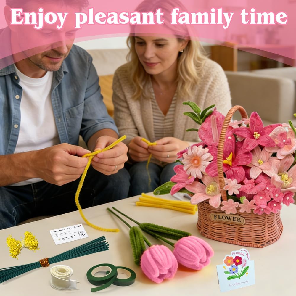 985pcs Multi-Pink Gradient Pipe Cleaner Flower Making Kit–8 Pink Tones Chenille Stems with Flower Stems, Stamens etc, Complete DIY Flower Making Set for Art Projects, Party Decorations & Gift Wrapping
