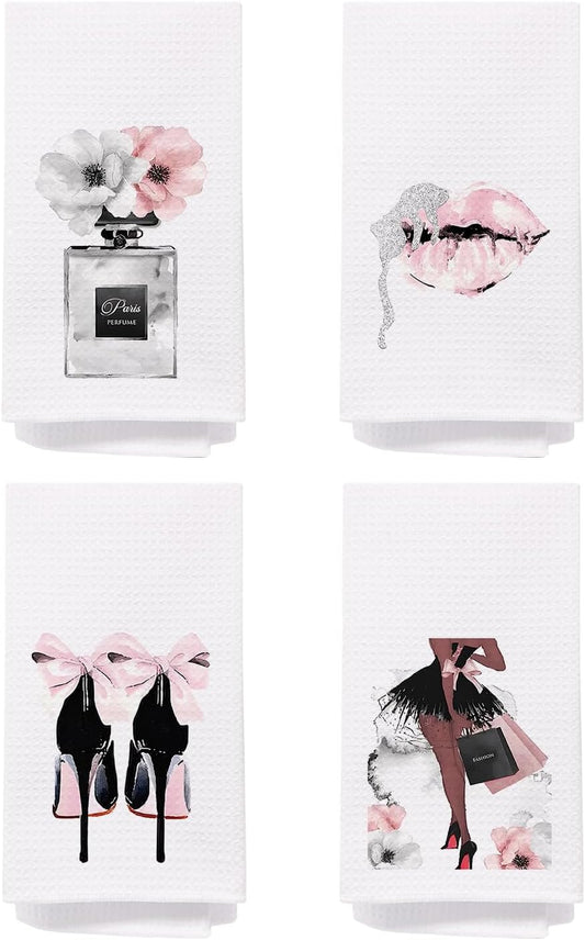 Pink Hand Towels Decor, Pink Bathroom Accessories Decorative Towels for Washroom Bath Towels Set of 4, Bow Decor Hand Towels Decor,Washroom Gifts for Women