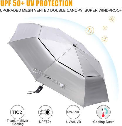 G4Free UPF 50+ UV Protection Travel Umbrella 42/46 Inch Windproof Silver Coating Sun Blocking Umbrella