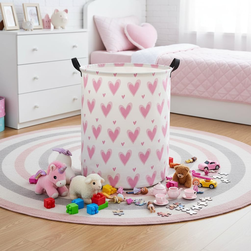 Baby Laundry Basket Baby Hamper for Nursery Girl Kids Butterfly Hamper Cute Kids Toys Storage Bin Organizer Butterfly Room Decor for Home(Pink Hearts)