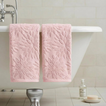 Artoid Mode 2 Pcs Pink 3D Dahlia Floral Jacquard Hand Towels for Bathroom, 100% Cotton Soft Absorbent Bathroom Decor Towels, 13.7 x 29.5 Inch