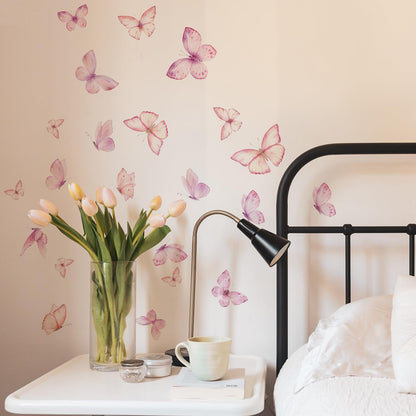 Watercolor Butterfly Wall Decals Peel and Stick, Wall Stickers for Girls Room, Pink Butterfly