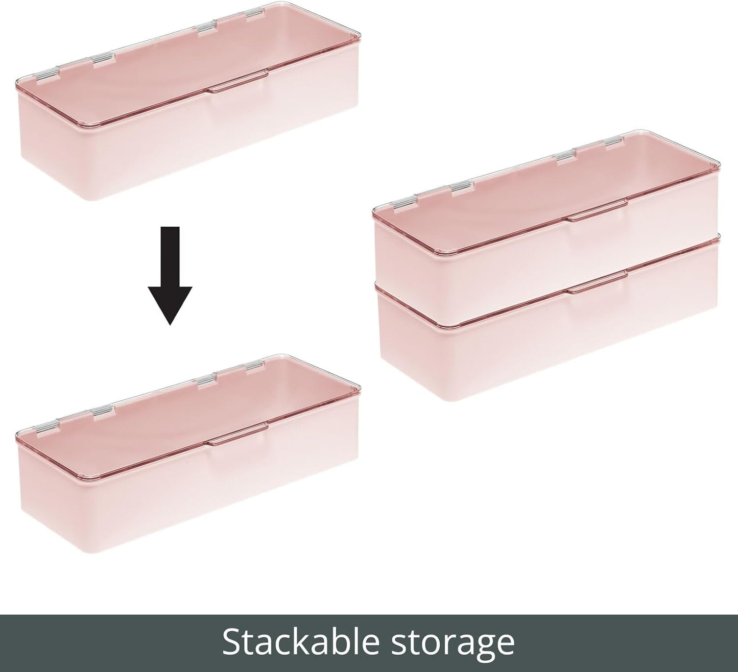 mDesign Long Plastic Cosmetic Storage Organizer Box Containers with Hinged Lid for Bedroom, Bathroom Vanity Shelf or Cabinet, Holds Masks, Palettes, Lotion, or Nail Polish, 2 Pack - Light Pink/Clear