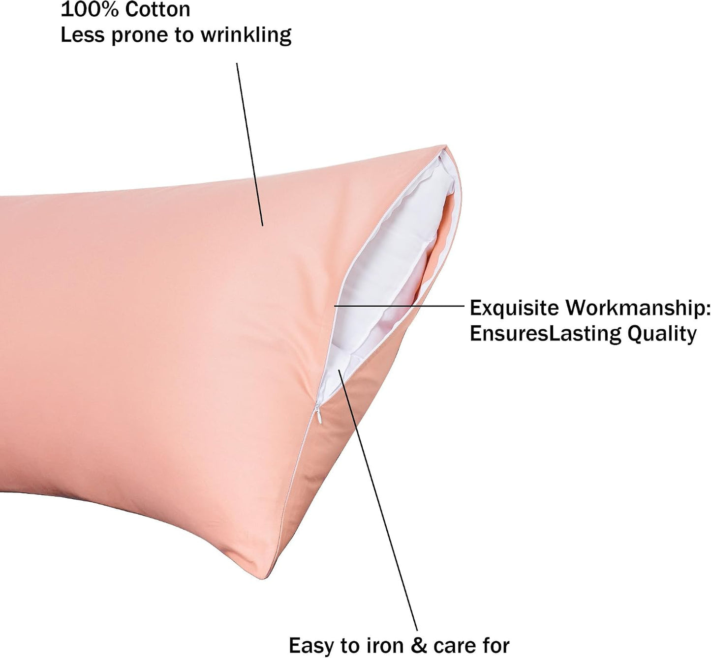 100% Cotton Body Pillow Case Cover with Zipper Wrinkle-Free, 400 Thread Count Super Soft Pillow Case for Body Pillow, Breathable Long Pillow Protector 21" x 54" Pink