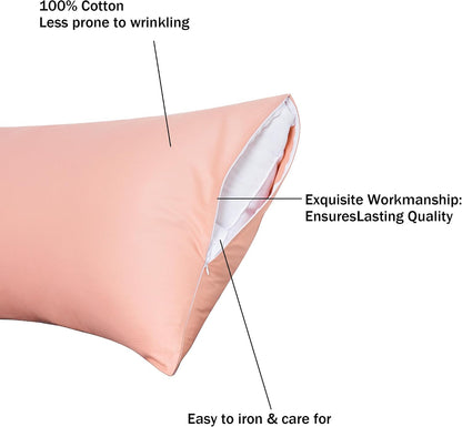 100% Cotton Body Pillow Case Cover with Zipper Wrinkle-Free, 400 Thread Count Super Soft Pillow Case for Body Pillow, Breathable Long Pillow Protector 21" x 54" Pink