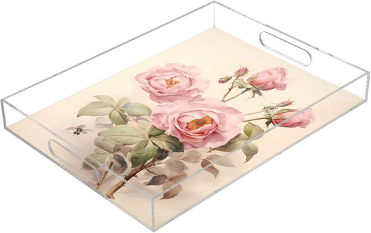 Plastic Food Serving Tray Decorative Vanity Trays for Bathroom Pink Rose Vintage Painting Coffee Table Kitchen Counter 11.8 * 15.7in