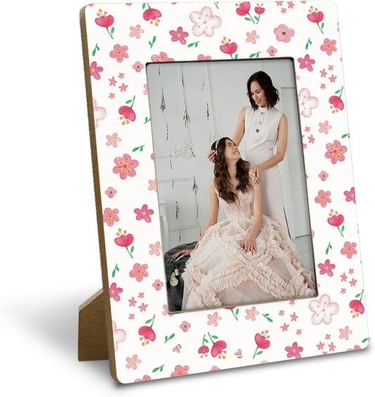 Watercolor Pink Floral Picture Frame 4x6 Inch - Cute Pastel Flower Design Frame, Rustic Wooden Home Decor for Women & Kids, Ideal for Nursery & Bedroom, Farmhouse Office Desk Decor