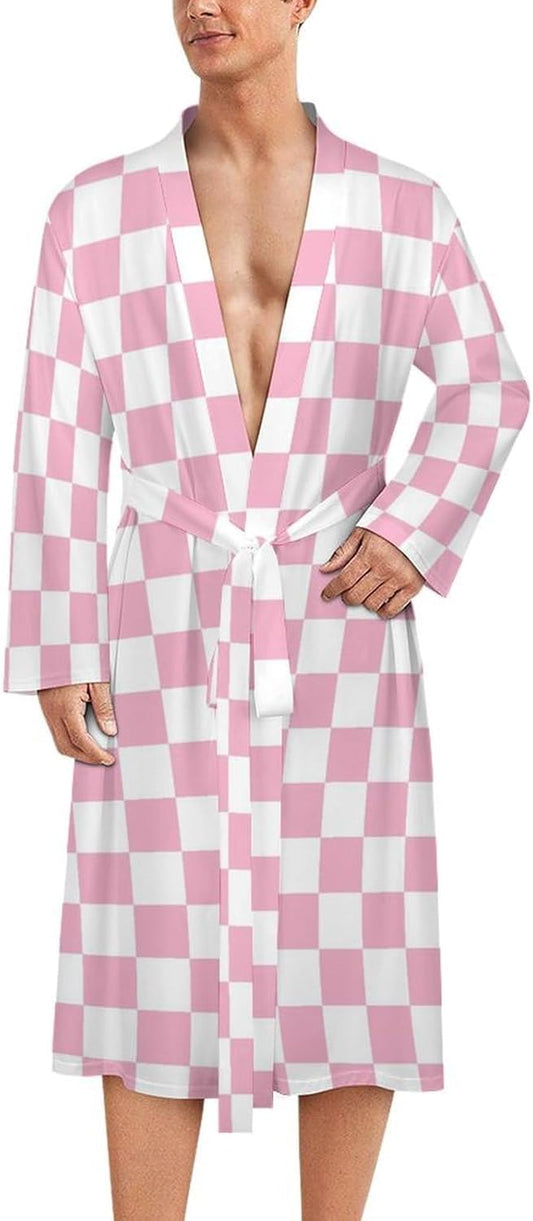 Pink Pastel Checkered Print Robes for Men Women, Soft Bathrobe Lightweight Long Men Womens Robes Cozy Bath Robe