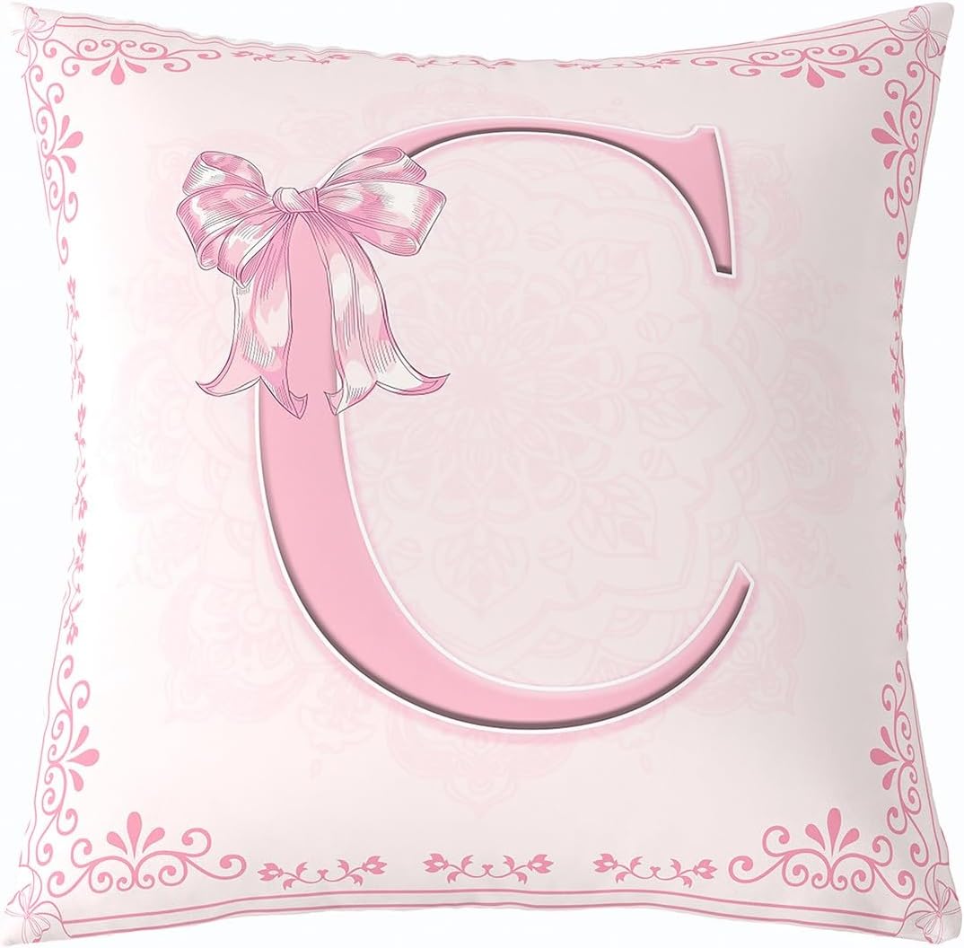 Manfei Pink Letter C Throw Pillow Cover Princess Bowknot Double Sides Pillow Case for Kids Boys Girls,Watercolor Floral Bow Cushion Cover for Bed Couch Sofa,1 Pack 18"x18"