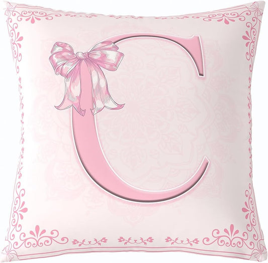 Manfei Pink Letter C Throw Pillow Cover Princess Bowknot Double Sides Pillow Case for Kids Boys Girls,Watercolor Floral Bow Cushion Cover for Bed Couch Sofa,1 Pack 18"x18"