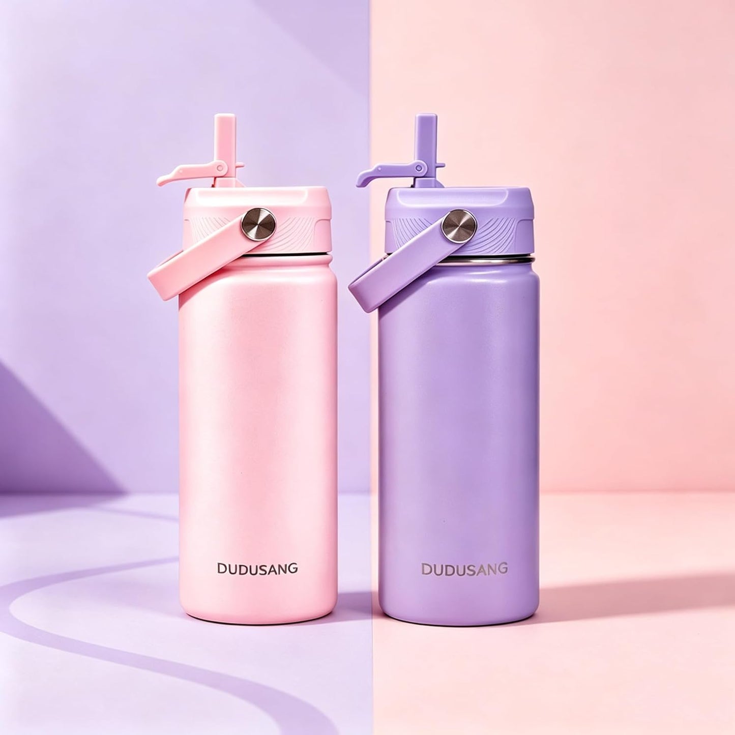 2Pack 18oz Kids Insulated Water Bottle - Bulk Stainless Steel Water Bottles for School Boys/Girls Flip Top Leak Spill Proof Vacuum Metal Cups BPA Free Thermos(Light Pink, 18 Ounces)