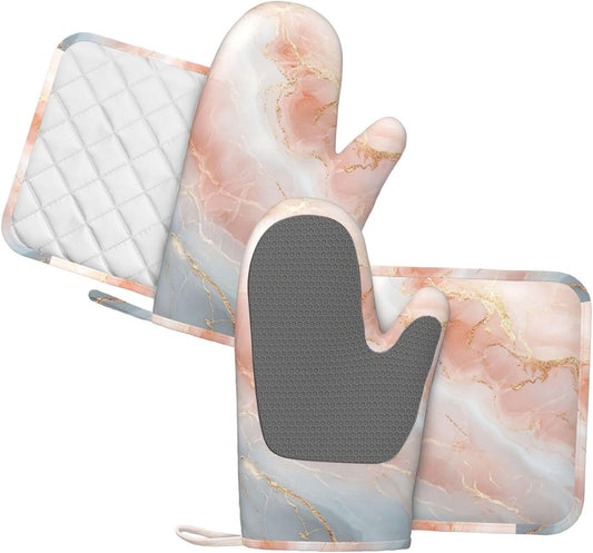 Oven Mitts Pot Holders Set Marble Light Pink Abstract Silicone Kitchen Gloves Potholders Heat Resistant for Chef Baking Cooking Grilling BBQ 4 Pack Mitt