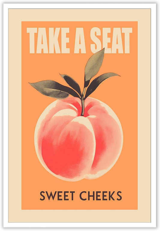 Funny Pink Peach Wall Art Vintage Take A Seat Sweet Cheeks Canvas Posters Delicious Food Fruits Prints Painting For Minimalist Preppy Bathroom Bedroom Dorm Wall Decor 12x16in Unframed