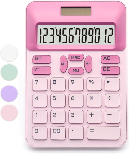 Pink Calculator, Basic Calculator with 12 Digit LCD Display, Pink Office Supplies, Cute Accessories for Office, Home, School, Shop