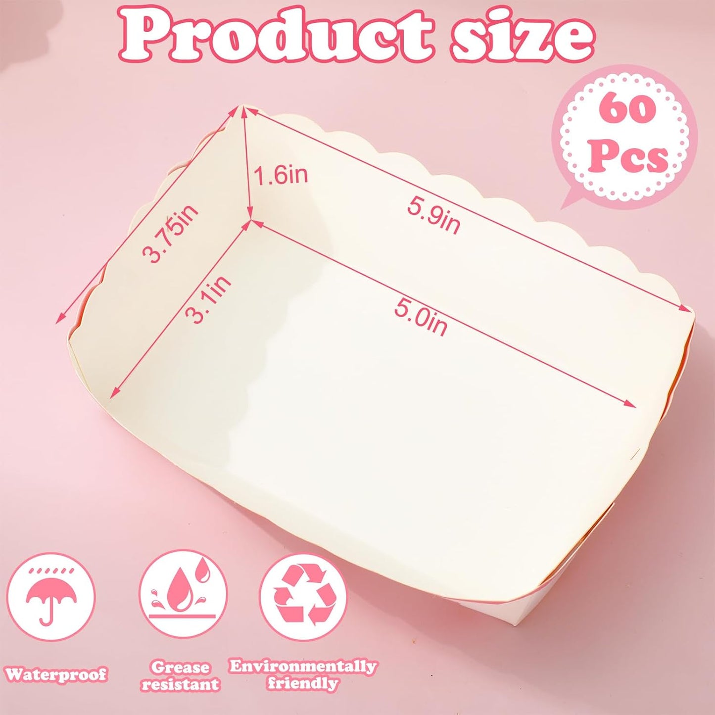 FYSUIMU 60 Pcs Pink Bow Paper Food Trays Watercolor Coquette Bowknot Food Boats Scalloped Disposable Serving Trays for Birthday Baby Shower Bachelorette Party Supplies