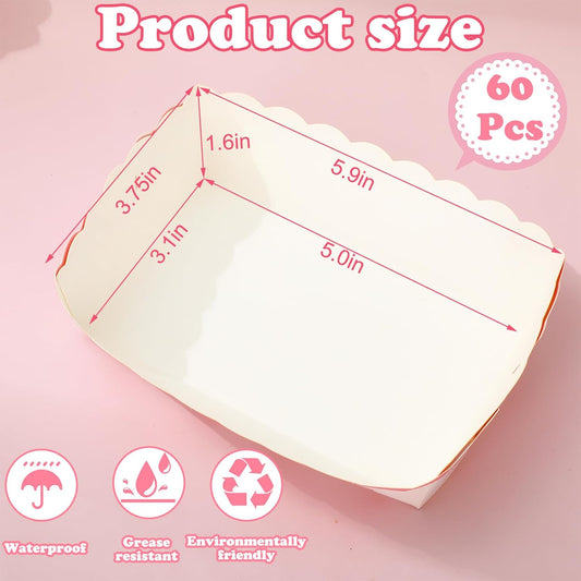 FYSUIMU 60 Pcs Pink Bow Paper Food Trays Watercolor Coquette Bowknot Food Boats Scalloped Disposable Serving Trays for Birthday Baby Shower Bachelorette Party Supplies