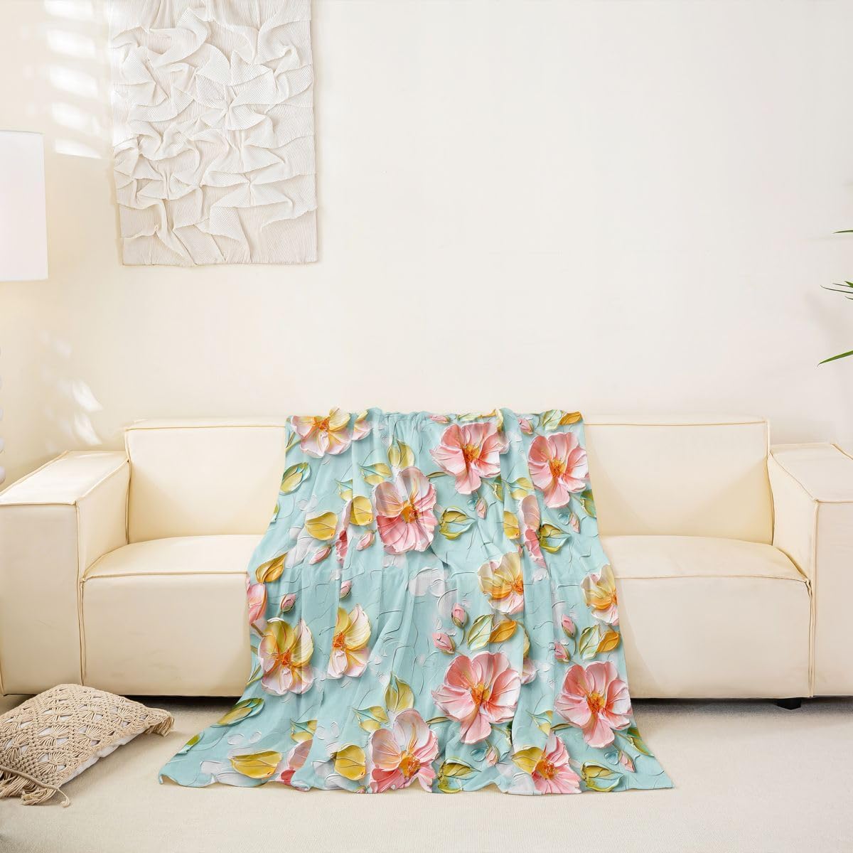 Pink Flower Couch Cover for 2 Cushion Couch,Spring Peach Blossom Water Color Couch Covers for Dogs Cat Scratch Proof Green Leaves Plant Garden Botanical Daisy Seat Covers Soft Sofa Cover,71"x134"