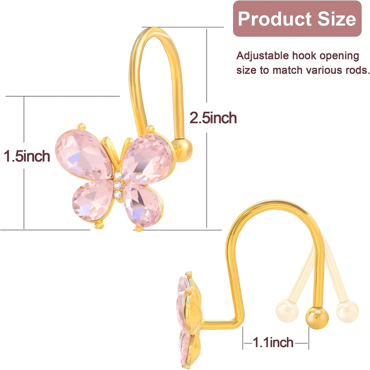Shower Curtain Hooks,12Pcs Rust Resistant Glitter Crystal Butterfly Metal Decorative Shower Rings Hangers for Bathroom Curtains, Clothing, Towels (Pink)