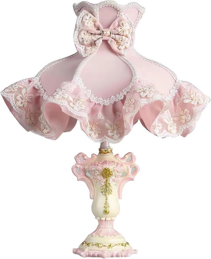 Pink Princess Table Lamp, Victorian Lace Bow Bedside Lamp with Soft Light, Resin Base Desk Lamp for Bedroom Vanity Nursery