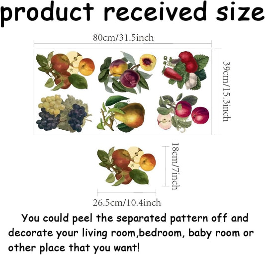 SUPERDANT 6pcs Large Size Vintage Fruits Wall Sticker Grape Peach Wall Decals Peel and Stick Vinyl Country Art Decal Kitchen Decor for Refrigerator Cabinet Dining Room Home Livingroom Decoration Gift