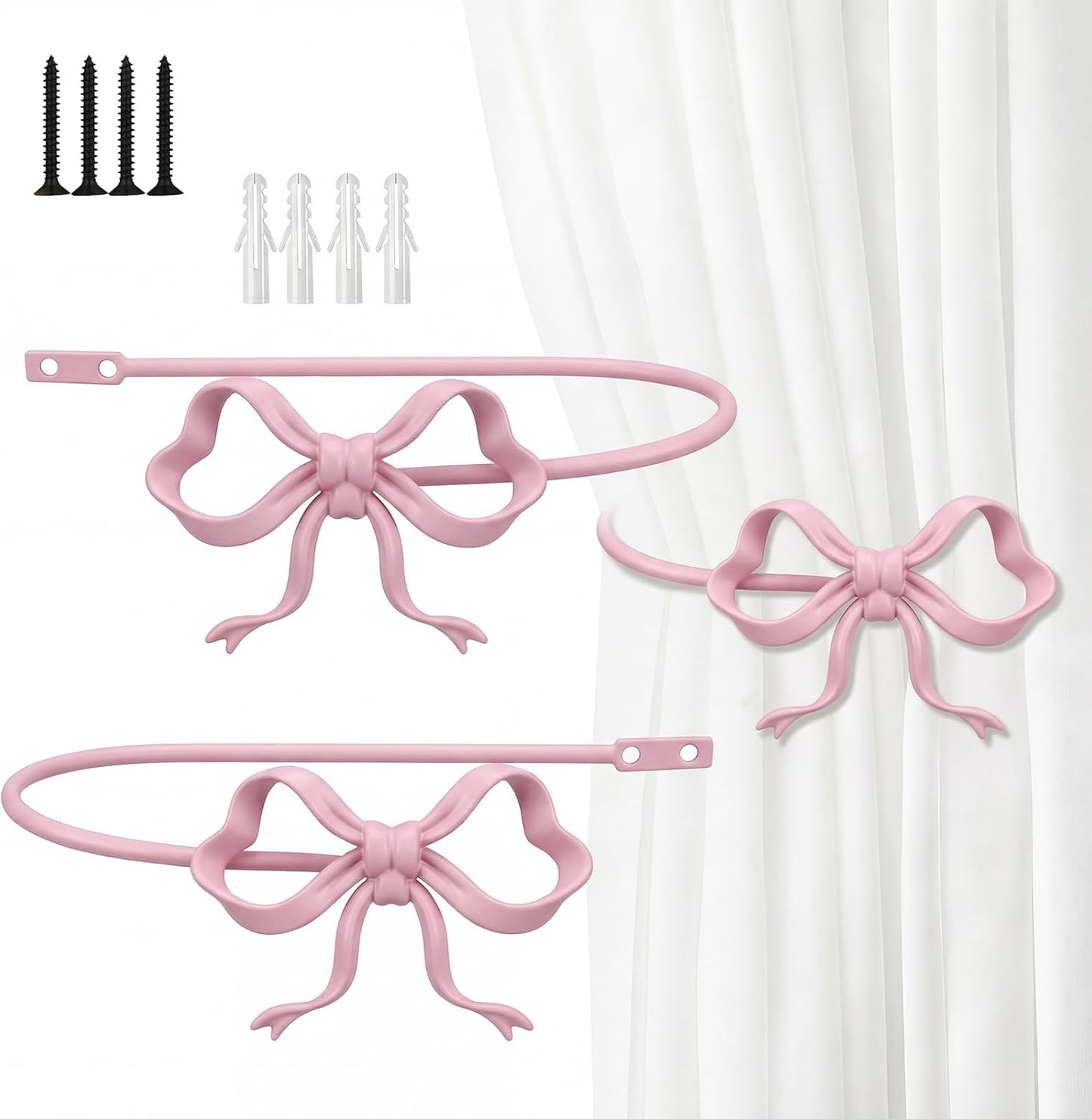 2 Pack Pink Metal Bow Curtain Holdbacks Wall Mounted Curtain Hold Backs Curtains Modern Tiebacks Decorative Window Drapery Tiebacks with Bow Finials for Living Room Bedroom Office Home