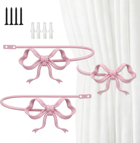 2 Pack Pink Metal Bow Curtain Holdbacks Wall Mounted Curtain Hold Backs Curtains Modern Tiebacks Decorative Window Drapery Tiebacks with Bow Finials for Living Room Bedroom Office Home