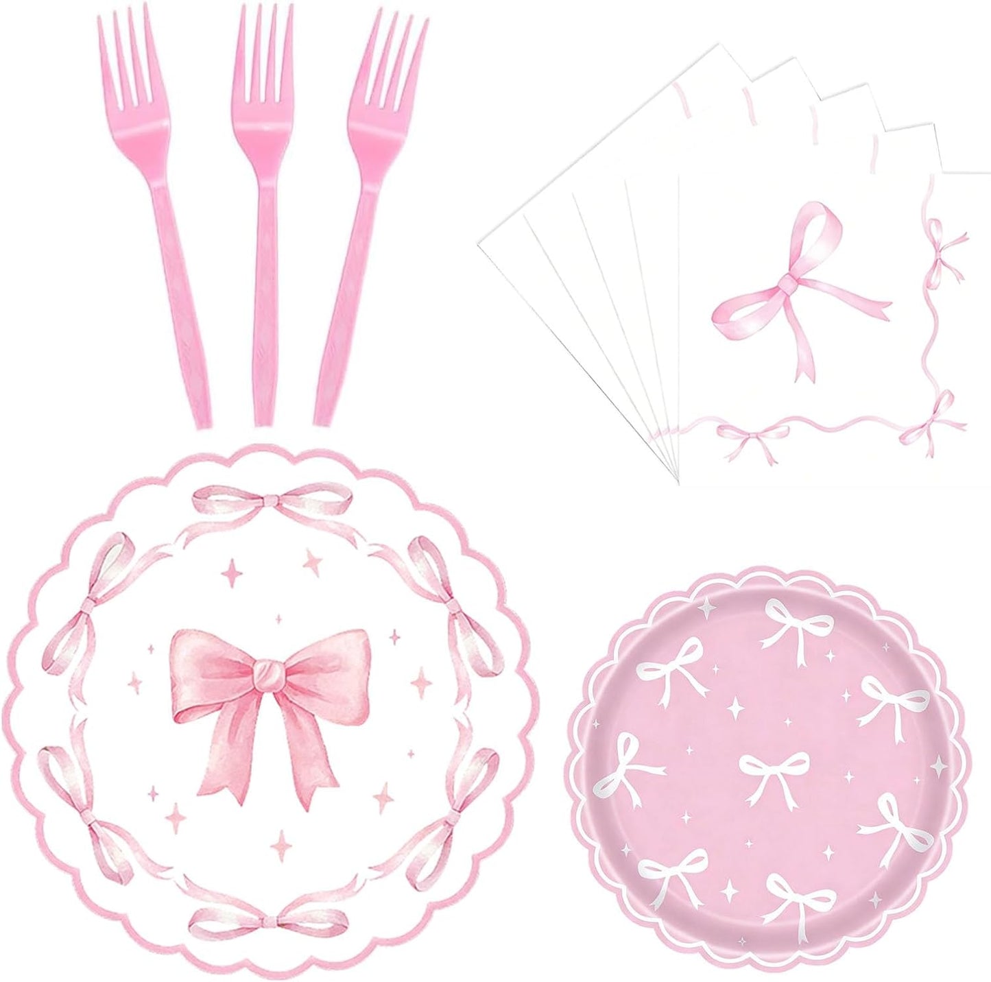 Pink Bow Party Supplies Set for 24 Guests, 96PCS Pink Disposable Tableware Set Includes Plates, Napkins & Forks, Aesthetic Baby Shower Birthday Bridal Shower Girl Party Decorations