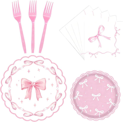 Pink Bow Party Supplies Set for 24 Guests, 96PCS Pink Disposable Tableware Set Includes Plates, Napkins & Forks, Aesthetic Baby Shower Birthday Bridal Shower Girl Party Decorations