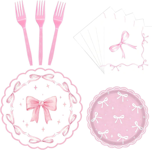 Pink Bow Party Supplies Set for 24 Guests, 96PCS Pink Disposable Tableware Set Includes Plates, Napkins & Forks, Aesthetic Baby Shower Birthday Bridal Shower Girl Party Decorations
