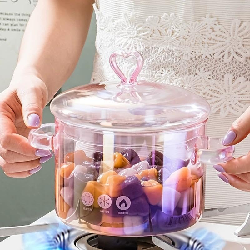 Pink Glass Saucepan with Lid and Handle,Heart-Shaped Glass Cooking Pot, 1.5L/50oz GlassCooking Pot,Heat Resistant,Safe for Oven,Gas,Electric Stoves and Dishwashers Safe,for Pasta Soups Potpourri