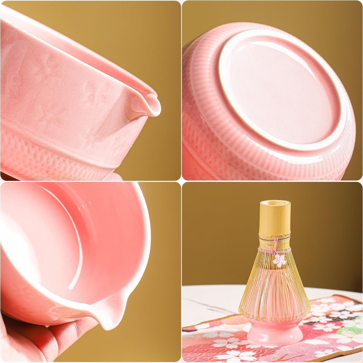 8-Piece Matcha Tea Set with Ceramic Bowls (Flower Pattern), Bamboo Whisk, Scoop, Spoon & Pink Sakura Gift Box – Traditional Japanese Matcha Whisking Kit for Tea Lovers (pink)