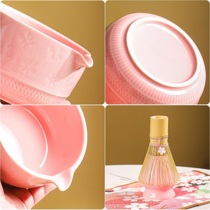 8-Piece Matcha Tea Set with Ceramic Bowls (Flower Pattern), Bamboo Whisk, Scoop, Spoon & Pink Sakura Gift Box – Traditional Japanese Matcha Whisking Kit for Tea Lovers (pink)