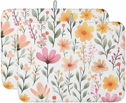 Watercolor Floral Dish Drying Mat for Kitchen Counter Light Pink Wildflowers Leaves Botanical Absorbent Microfiber Quick Dry Pad Non Slip Drainer Mats 18x24 Inch, 2 Pack