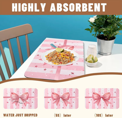 Pink Bow Dish Drying Mat for Kitchen Counter 2 Pack Bowknot Cute Dreamy Ribbon Romantic Absorbent Draining Pad, Non-Slip Coffee Bar Mats for Coffee Machine Station Accessories 12"L x 20"W