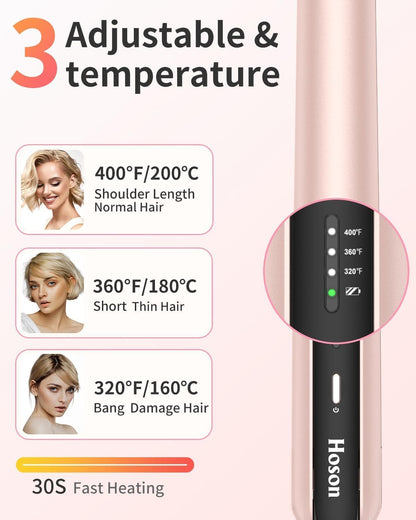 Cordless Hair Straightener,Portable Mini Flat Iron Travel for Bangs,Short Hair, Rechargeable Curling Iron and Curler 2 in 1,Pink,for Touch Ups