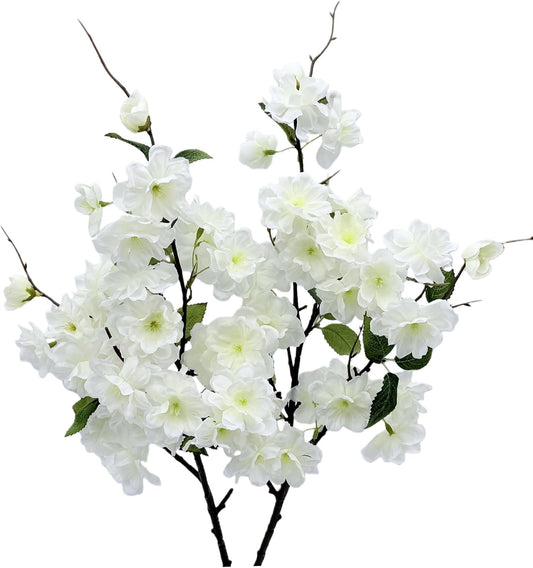 2pcs Artificial Cherry Blossom Flower Bulk Plum White Silk Peach Flowers Cherry Blossom Branches with Leaves for Spring Summer Decor Home Wedding Party Table Centerpieces