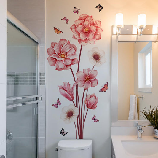 Pink Flower Wall Decals with Butterflies, Large Removable Floral Wall Stickers Peel and Stick for Bathroom Bedroom Decor