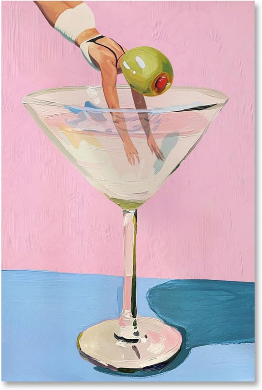Ripiyome Vintage Cocktail Wall Art Print Funny Martini Glass Pink Blue Poster Surreal Retro Swimmer Canvas Oil Painting Playful Pop Art Bar Room Decor Aesthetic for Home Kitchen 8x12inch Unframed