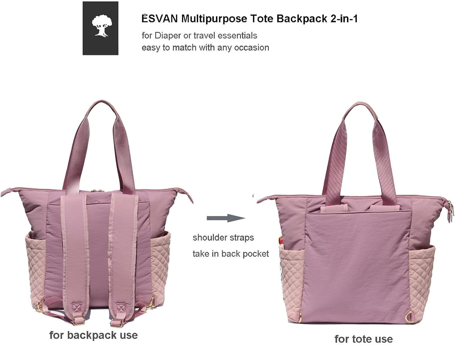 ESVAN Diaper Tote Bag Totepack Backpack 2 in 1 for Women Multifunctional Large Capacity with Insulated Pockets Travel | Multifunctional