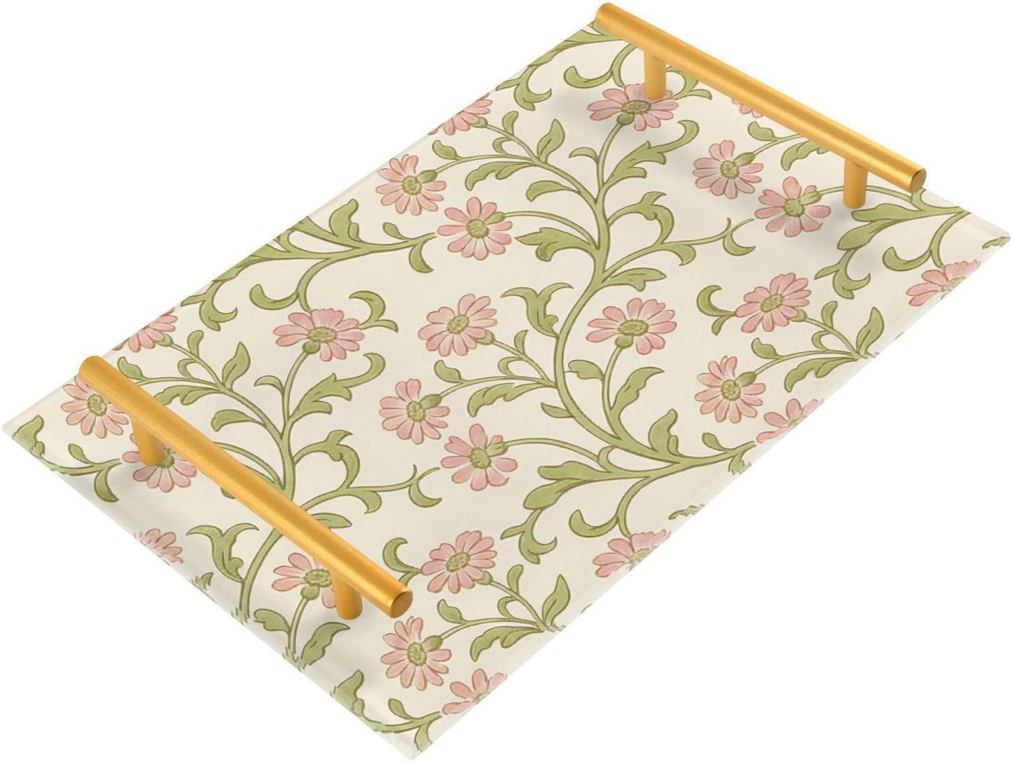 Retro Pink Small Flowers William Morris Decorative Bar Tray with Handles Coffee Table Serving Tray for Jewelry Perfume for Table Serving bandejas decorativas para sala