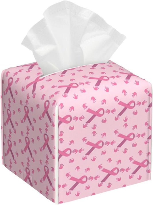 Breast Cancer Awareness Month Pink Ribbon Leather Tissue Box Cover Square Tissue Holder Decorative Paper Case for Home Office Bathroom Vanity Countertop Car