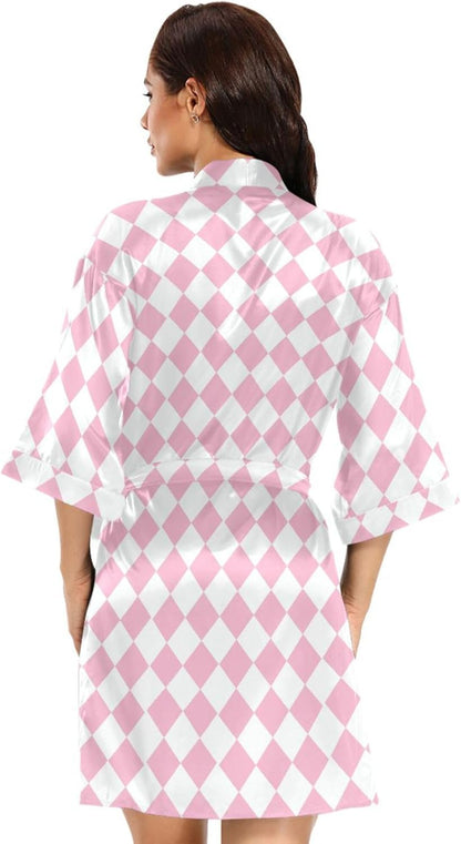 Pink White Check Women's Kimono Robes, Bathrobe Nightwear Skin-friendly Satin Robe Loose